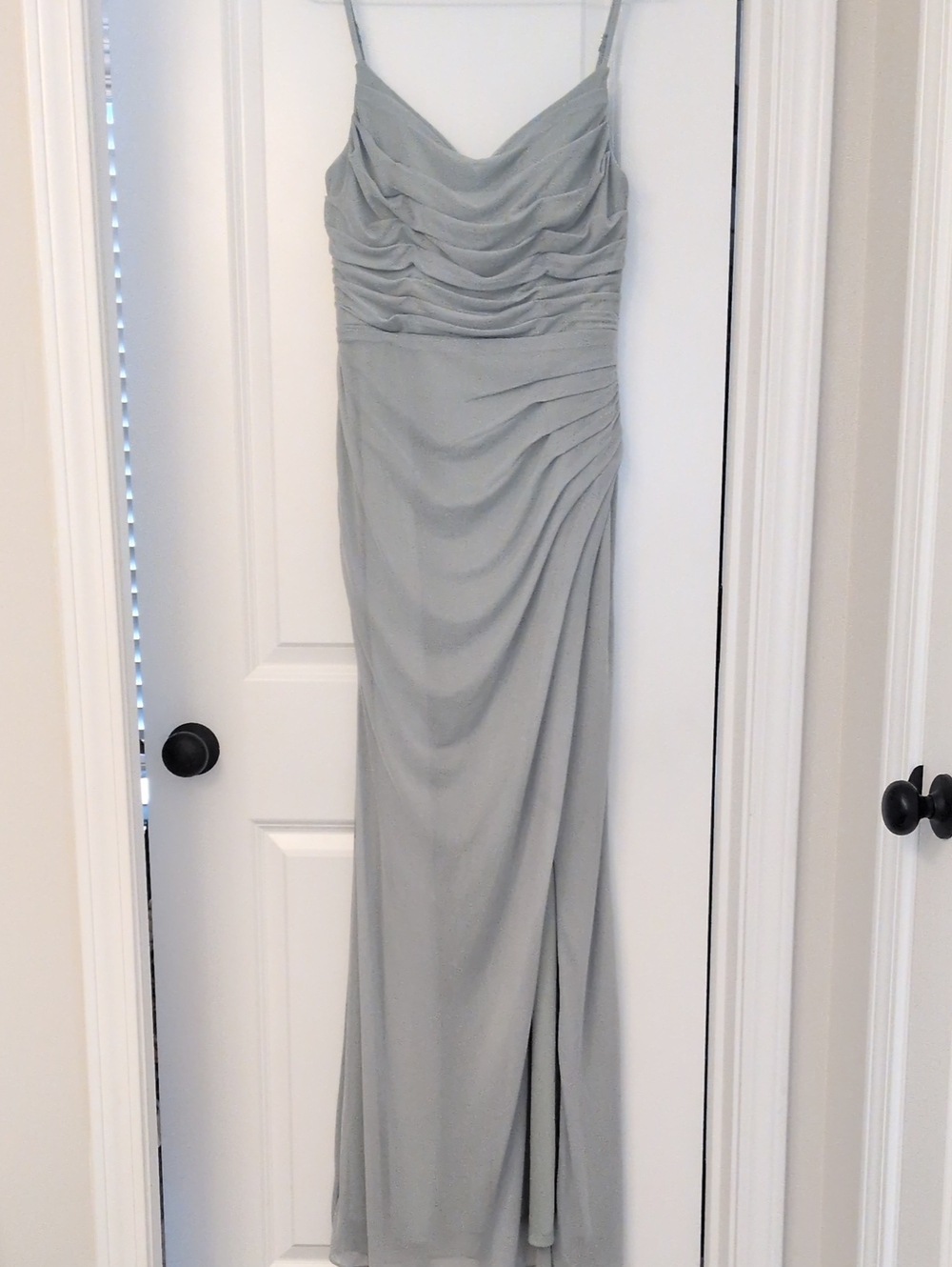 Azazie Light Gray Ruched Cowl Neck Maxi Dress